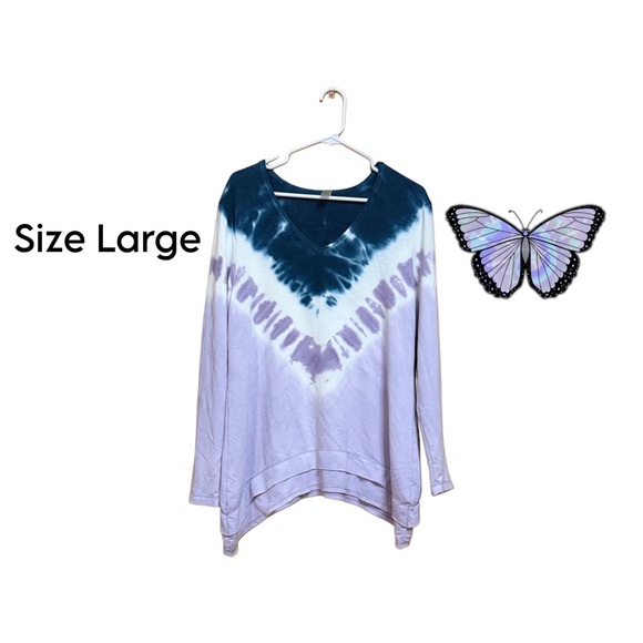 👾 GreenTea Tie-Dye V-Neck Long Sleeve Top – Size Large 💜 - Picture 1 of 3